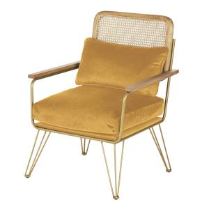Fauteuil en velours ocre cannage en rotin