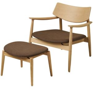 Fauteuil et repose- pied en chêne naturel et tissu marron