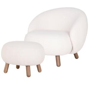 Fauteuil et repose- pied en tissu bouclé écru et bois
