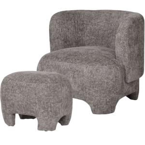 Fauteuil et repose- pied en tissu chenillé gris