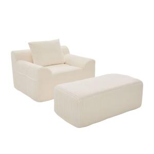 Fauteuil Lounge avec Pouf Velours Côtelé Crème