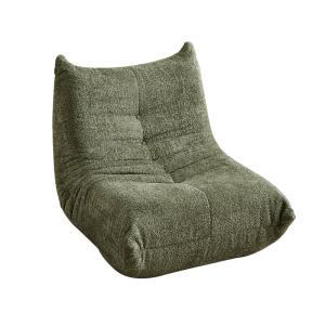 Fauteuil lounge bas en chenille verte, style rétro chic