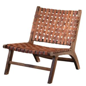 Fauteuil lounge bois de noyer et cuir marron brun 62 x 75.4