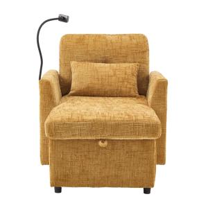Fauteuil lounge chenille jaune, support téléphone et coffre…