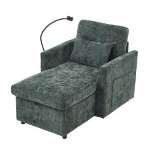 Fauteuil lounge chenille vert, support téléphone et coffre…