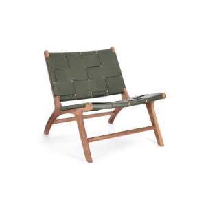 Fauteuil lounge en bois teck et cuir pleine fleur vert