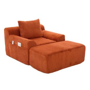 Fauteuil lounge en velours côtelé avec pouf orange