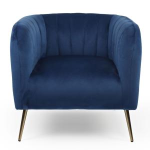 Fauteuil moderne bombaro pieds métal doré et velours bleu