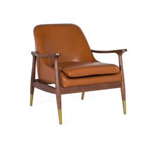 Fauteuil moderne en bois et P.U. brun avec détails dorés