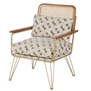 Fauteuil motif jacquard beige et kaki, cannage en rotin et…