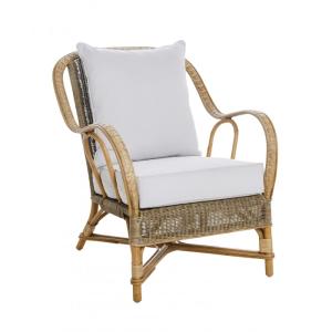 Fauteuil patiné en rotin marron et coussin gris