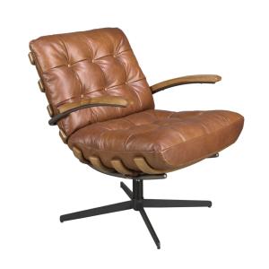 Fauteuil pivotant en cuir brun foncé et noyer