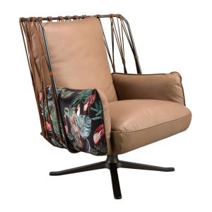 Fauteuil pivotant en cuir et tissu marron imprimé
