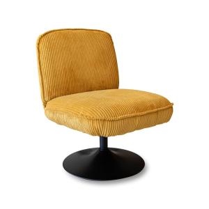 Fauteuil pivotant en velours jaune et pied en métal noir