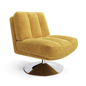 Fauteuil pivotant pied chrome velours côtelé jaune rétro
