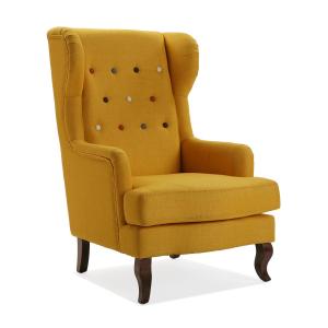 Fauteuil recouvert de coton jaune et de bois