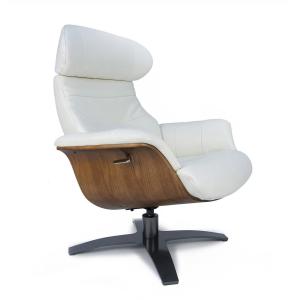 Fauteuil relax en cuir blanc et bois chêne naturel