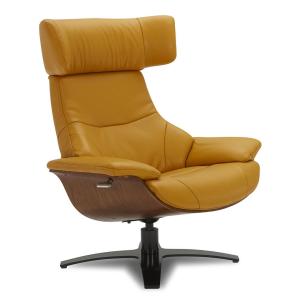 Fauteuil relax  en cuir jaune et chêne naturel