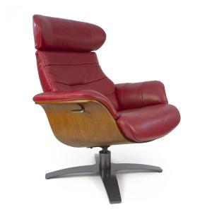 Fauteuil relax en cuir rouge et bois chêne naturel