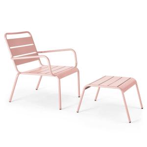 Fauteuil relax et repose pied en métal Rose poudré