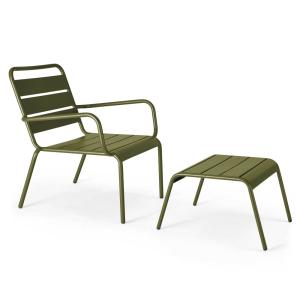 Fauteuil relax et repose pied en métal Vert Kaki