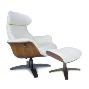 Fauteuil relax et son  pouf en cuir blanc et chêne naturel