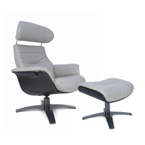 Fauteuil relax et son pouf en cuir gris et chêne noir