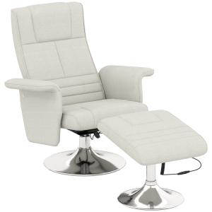 Fauteuil relax massant avec pouf tissu effet lin crème