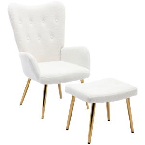 Fauteuil relax tissu bouclette blanc scandinave repose-pieds