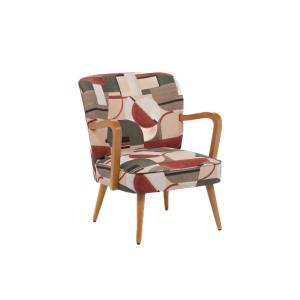 Fauteuil rétro à accoudoirs bois et tissu motifs géométriqu…