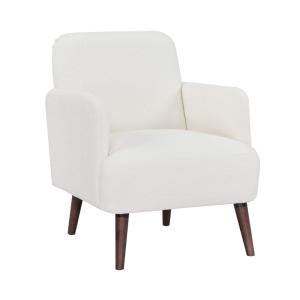 Fauteuil rétro en tissu bouclette pieds bois foncé ecru