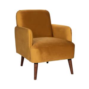 Fauteuil rétro en velours pieds bois foncé - Jaune moutarde…