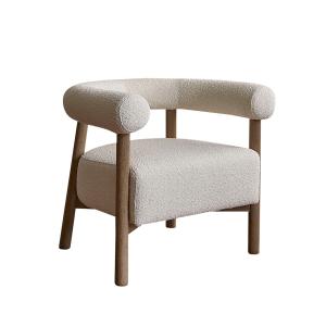 Fauteuil rond en chêne massif et tissu bouclette écrue