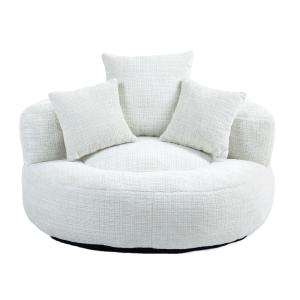 Fauteuil rond en tissu bouclette blanc cassé avec coussins