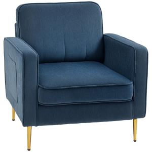 Fauteuil salon pochettes latérales pieds en acier doré bleu…