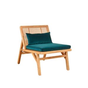 Fauteuil scandinave en chêne, cannage et velours bleu paon