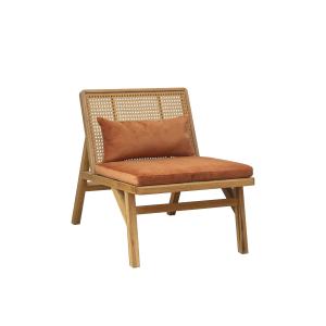 Fauteuil scandinave en chêne, cannage et velours caramel