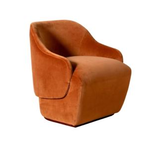 Fauteuil style contemporain en pin et tissu velours caramel