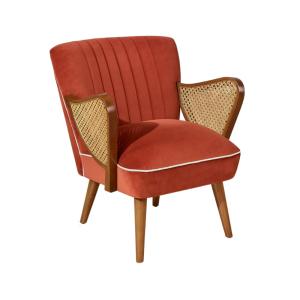 Fauteuil style scandinave en hévéa, cannage et velours briq…