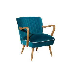 Fauteuil style scandinave en hévéa et velours bleu canard