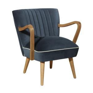 Fauteuil style scandinave en hévéa et velours bleu paon