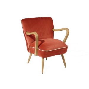 Fauteuil style scandinave en hévéa et velours brique