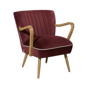 Fauteuil style scandinave en hévéa et velours griotte