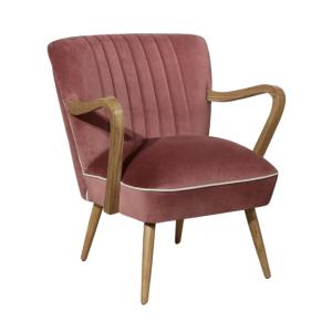 Fauteuil style scandinave en hévéa et velours rouge sienne