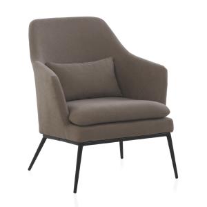 Fauteuil tapissé taupe avec coussin noir et pieds en métal…