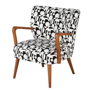 Fauteuil tissé jacquard noir et blanc et bois d'hévéa massi…
