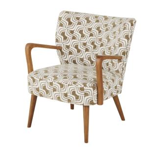 Fauteuil tissé jacquard vert kaki, beige et bois d'hévéa ma…