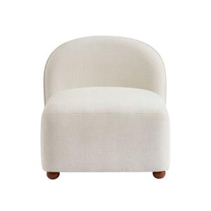 Fauteuil tissu chenille écru pieds boules teintés noyer