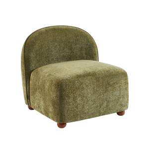 Fauteuil tissu chenille vert pieds boules teintés noyer