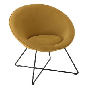Fauteuil tissu velours jaune moutarde pieds croisés métal n…